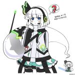  2girls ? black_bow black_bowtie black_hairband blue_eyes bow bowtie bright_pupils commentary commentary_request cowboy_shot dated energy_sword ghost green_skirt hairband headphones highres holding_lightsaber hoshii_1213 jacket konpaku_youmu konpaku_youmu_(ghost) konpaku_youmu_(lunar_war_gardener) lightsaber looking_at_viewer multiple_girls neon_lights short_hair simple_background skirt sword thought_bubble touhou touhou_lost_word twitter_username weapon white_background white_hair white_jacket white_pupils 