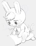  animal_crossing anthro blush bodily_fluids cowgirl_position duo ejaculating_while_penetrated embarrassed from_front_position greyscale japanese_text lagomorph leporid male male/male mammal masshiro monochrome nintendo nude_male on_bottom on_top open_mouth rabbit sasha_(animal_crossing) sex sweat tail text tongue 