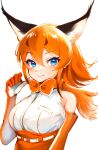  1girl animal_ear_fluff animal_ears black_hair blue_eyes blush bow bowtie caracal_(kemono_friends) elbow_gloves extra_ears gloves highres jack4l kemono_friends long_hair looking_at_viewer multicolored_hair orange_hair shirt skirt sleeveless sleeveless_shirt smile solo 