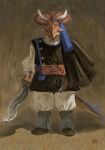  2023 absurd_res anthro beak belt blue_clothing blue_hat blue_headwear boots bottomwear brown_background brown_body button_(fastener) cape ceratopsian clothed clothing curved_sword digital_media_(artwork) digital_painting_(artwork) dinosaur dyna_soar facial_horn feathers flintlock_pistol footwear frill_(anatomy) hand_on_belt hat head_crest head_frill headgear headwear hi_res holding_object holding_weapon horn impressionist_background long_sleeves male markings melee_weapon nose_horn orange_markings ornithischian pants phrygian_cap portrait reptile saurian_(disambiguation) scalie shoulder_cape signature simple_background solo standing sword tail tail_feathers triceratops tunic weapon white_bottomwear white_clothing white_pants yellow_eyes 