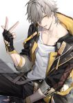  1boy artist_name belt black_coat black_gloves black_pants caelus_(honkai:_star_rail) cellphone chain coat collarbone collared_coat fingerless_gloves fingernails gloves gold_chain gradient_background grey_background grey_belt grey_hair hair_between_eyes highres holding holding_phone honkai:_star_rail honkai_(series) hood hooded_coat long_sleeves looking_at_viewer male_focus open_mouth pants phone shirt short_hair simple_background sitting smartphone solo sonomi t-shirt tassel teeth tongue trailblazer_(honkai:_star_rail) two-tone_coat w white_background white_shirt yellow_coat yellow_eyes 