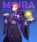  1girl ahoge black_robe blue_background breasts catin character_name drop_shadow english_text fingernails glowing half_mask headgear highres long_fingernails magic mask medium_breasts moira_(overwatch) orange_hair overwatch red_eyes robe short_hair smile solo wide_sleeves 
