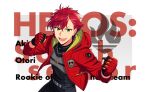  1boy bad_source belt clenched_hands ear_piercing fingerless_gloves gloves green_eyes hair_between_eyes happy_elements helios_rising_heroes highres hood hood_down jacket male_focus official_art open_clothes open_jacket open_mouth otori_akira piercing red_hair red_jacket smile solo teeth third-party_source 
