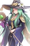  1girl absurdres breasts cape cleavage dress fire_emblem fire_emblem:_three_houses gonzarez green_eyes hand_on_own_cheek hand_on_own_face hat hat_tassel highres holding holding_staff large_breasts long_hair looking_at_viewer official_alternate_costume purple_dress rhea_(fire_emblem) rhea_(halloween)_(fire_emblem) smile solo staff white_background wide_hips witch witch_hat 