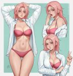  1girl bra breasts cleavage closed_mouth collarbone ear_piercing highres index_finger_raised jacket lips multiple_views navel one_eye_closed open_mouth original panties piercing pink_hair red_bra red_eyes red_panties sciamano240 underwear white_jacket yawning 