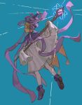 1girl absurdres blonde_hair blue_background cape closed_eyes closed_mouth dress from_side full_body glowing glowing_weapon highres holding holding_staff horns ininia_(tongari_boushi_no_atelier) long_sleeves pantyhose profile purple_footwear purple_headwear purple_ribbon ribbon shoes short_hair sleeves_past_fingers sleeves_past_wrists solo staff tongari_boushi_no_atelier weapon white_cape white_dress white_pantyhose wide_sleeves witch wonemie 