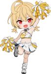  1girl antenna_hair arm_up armpits bare_legs blonde_hair blue_archive cheerleader chibi kotori_(blue_archive) kotori_(cheer_squad)_(blue_archive) looking_at_viewer millennium_cheerleader_outfit_(blue_archive) mutsuse navel official_alternate_costume open_mouth pom_pom_(cheerleading) red_eyes shoes simple_background skirt smile socks solo sports_bra white_background white_footwear white_skirt white_socks 