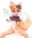  anthro blue_eyes bottomless breasts canid canine cheek_tuft clothed clothing covering covering_crotch crossgender detective existenc3 facial_tuft female fluffy fluffy_tail fox fur hat headgear headwear hi_res looking_at_viewer magnifying_glass mammal miles_prower mtf_crossgender open_mouth orange_body orange_fur partially_clothed sega sitting solo sonic_the_hedgehog_(series) tail the_murder_of_sonic_the_hedgehog tuft under_boob 