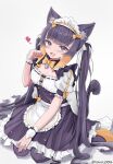  1girl animal_ear_fluff animal_ears apron bell blush bow breasts cat_ears cat_girl cat_tail fang grey_eyes hair_ornament hair_ribbon heart highres hololive hololive_english jingle_bell long_hair maid maid_apron maid_headdress mole mole_under_eye nekopara ninomae_ina&#039;nis open_mouth paw_pose pointy_ears purple_hair purple_thighhighs ribbon shoes small_breasts smile solo tail tentacle_hair thighhighs twintails varo_006 virtual_youtuber white_background white_ribbon white_wrist_cuffs wrist_cuffs yellow_bow yellow_footwear 