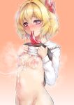 1girl absurdres blonde_hair blush breasts clothes_lift cum cum_on_body cum_on_breasts fang fang_out full-face_blush gradient_background groin hair_between_eyes hair_intakes hair_ribbon half-closed_eyes highres lifted_by_self light_smile looking_at_viewer messy_hair mouth_hold navel nipples outer_glow pink_background pink_eyes red_ribbon ribbon rumia short_hair small_breasts solo touhou yamataka 