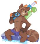  anthro balls_outline brown_body brown_eyes brown_fur bulge clawed_fingers clothed clothing digital_media_(artwork) erection feet_in_water fur fur_markings genital_outline guardians_of_the_galaxy hand_on_hip hi_res holding_water_gun looking_at_viewer male male_anthro mammal markings marvel penis_outline permavermin poolside procyonid purple_clothing purple_speedo purple_swimwear raccoon raccoon_tail rocket_raccoon short short_anthro short_male simple_background sitting smile smiling_at_viewer solo speedo swimwear teeth teeth_showing topless topless_anthro topless_male toy toy_gun water water_gun white_background 