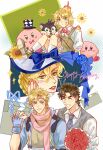  2boys 2girls animalization battle_tendency blonde_hair blue_flower blue_jacket blue_rose bouquet bow bowtie braid brown_hair caesar_anthonio_zeppeli checkered_clothes checkered_headwear crossover cupcake dog facial_mark feather_hair_ornament feathers fingerless_gloves flower food food_on_face fusion genderswap genderswap_(mtf) gloves green_eyes hair_ornament happy_birthday hat hat_bow hat_ribbon highres jacket jojo_no_kimyou_na_bouken joseph_joestar joseph_joestar_(young) kirby kirby_(series) multiple_boys multiple_girls multiple_persona necktie overall_skirt purple_eyes red_ribbon ribbon rose short_hair sunflower top_hat triangle_print vest waistcoat zhoujo51 