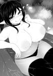  1girl :q bathing blush breasts closed_mouth commentary_request curvy greyscale haseru_(ginku_mh) heart huge_breasts looking_at_viewer monochrome navel nipples original pointy_ears sidelocks smile solo thighhighs tongue tongue_out 