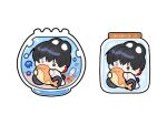  1boy animal_ears bbing_zzi black_eyes black_hair blue_eyes blush chibi closed_mouth commentary_request eoduun_badaui_deungbul-i_doeeo fishbowl highres holding holding_stuffed_toy in_container in_jar jar jellyfish kemonomimi_mode korean_commentary male_focus open_mouth park_moo-hyun rabbit_boy rabbit_ears rabbit_tail short_hair simple_background sitting smile stuffed_animal stuffed_toy stuffed_whale tail white_background 
