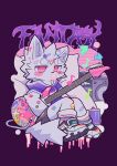  ambiguous_gender anthro beverage_can bubble_gum clothing domestic_cat felid feline felis fluffy fur guitar hi_res male male/male mammal musical_instrument pink_eyes plucked_string_instrument purple_clothing solo string_instrument white_body white_fur yunbucai 