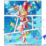  1girl alternate_costume blonde_hair boots closed_mouth cloud commentary confetti copyright_name crescent_print english_commentary full_body game_cg gloves hat hat_feather high_heels holding looking_at_viewer lunasa_prismriver lunasa_prismriver_(prism_march_baton) lyrica_prismriver marching_band marching_band_baton multicolored_clothes multicolored_skirt peaked_cap red_headwear rotte_(1109) short_hair silhouette skirt solo third-party_source touhou touhou_lost_word white_footwear white_gloves yellow_eyes 