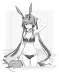  1girl amiya_(arknights) animal_ears arknights arm_up armpits bikini bracelet breasts collarbone commentary greyscale hair_between_eyes hair_tie hair_tie_in_mouth highres jewelry long_hair looking_at_viewer midriff monochrome mouth_hold navel olys rabbit_ears sidelocks solo sparkle swimsuit symbol-only_commentary twintails twitter_username very_long_hair wading water watermark 