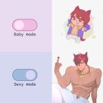  1boy abs absurdres animal_ears baby_mode_sexy_mode_(meme) bar_censor bara blush censored chibi english_text highres large_pectorals league_of_legends male_focus meme middle_finger muscular muscular_male navel open_clothes open_mouth open_vest pants pectorals purple_vest red_hair scar scar_on_face scar_on_nose sett_(league_of_legends) short_hair smile topless_male vest white_pants xingdrdr 