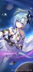  1girl bare_shoulders blue_hair breasts chinese_commentary cleavage_cutout clothing_cutout collarbone detached_sleeves dress earrings gloves griseo griseo_(cosmic_expression) highres honkai_(series) honkai_impact_3rd jewelry large_breasts light_blue_hair official_art official_wallpaper parted_lips planet purple_eyes saturn_(planet) solo space star_(sky) upper_body white_dress white_gloves white_sleeves 