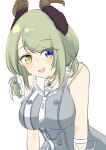  1girl absurdres blue_eyes blush bow breasts brown_horns chain commentary_request curled_horns demon_girl demon_horns dress green_hair grey_dress hair_bow hair_ornament hairclip heterochromia highres horns large_breasts looking_at_viewer low_twintails medium_bangs medium_hair nanashi_inc. neckerchief nukokaki open_mouth sailor_collar sailor_dress sekishiro_mico short_twintails simple_background smile solo twintails upper_body virtual_youtuber white_background white_bow white_neckerchief white_sailor_collar x_hair_ornament yellow_eyes 