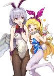  2girls animal_ears black_pantyhose blonde_hair blush clownpiece fairy fairy_wings fake_animal_ears feathered_wings grey_hair grey_wings highres howhow_notei kishin_sagume leotard long_hair multiple_girls one_eye_closed open_mouth pantyhose pink_eyes rabbit_ears red_eyes short_hair simple_background single_wing smile star_(symbol) star_print strapless strapless_leotard touhou v white_background white_leotard white_pantyhose wings wrist_cuffs 