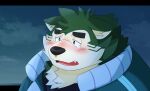  absurd_res anthro blush bodily_fluids bust_portrait canid canine canis crying domestic_dog ears_down eyebrows fur green_body green_eyes green_fur hi_res jinastray lifewonders live_a_hero male mammal mokdai pivoted_ears portrait sad solo tears thick_eyebrows 