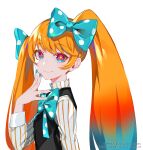  1girl aqua_bow aqua_bowtie aqua_eyes aqua_hair aqua_nails black_vest bow bowtie gradient_hair hair_bow highres lam_(ramdayo) long_hair long_sleeves looking_at_viewer multicolored_eyes multicolored_hair nail_polish official_art orange_hair pink_eyes polka_dot polka_dot_bow red_hair shirt simple_background smile solo striped striped_shirt striped_sleeves takt_op._destiny titan_(takt_op.) twintails vertical-striped_shirt vertical_stripes very_long_hair vest white_background white_shirt 