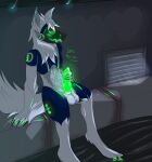  2023 3_fingers anthro armor balls big_balls big_penis blush blush_lines bodily_fluids breastplate cables cel_shading claws cum detailed_background digitigrade ejaculating_cum ejaculation feet fingers fluffy fluffy_ears fluffy_tail fur genital_fluids genitals glowing glowing_cum glowing_eyes glowing_genitalia glowing_pawpads glowing_penis green_eyes green_penis hand_on_penis hi_res hiding high-angle_view hindpaw knot lights looking_pleasured machine male mammal masturbation neck_tuft pawpads paws penis protogen protogen_visor sethraven4 shaded shoulder_pads signature sitting solo tail tuft unusual_bodily_fluids unusual_cum unusual_genital_fluids vent visor white_body white_fur 