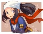  1girl :d akari_(pokemon) blue_jacket border bright_pupils brown_background commentary_request eyelashes fanny_pack floating_hair floating_scarf head_scarf highres jacket logo long_hair open_mouth pokemon pokemon_(game) pokemon_legends:_arceus red_scarf scarf sho.t signature smile solo upper_body white_border white_headwear white_pupils yellow_bag 