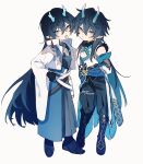  2boys bare_shoulders black_footwear black_hair chibi chinese_clothes dan_heng_(honkai:_star_rail) dan_heng_(imbibitor_lunae)_(honkai:_star_rail) dragon_horns green_eyes hara_pan-kun highres honkai:_star_rail honkai_(series) horns long_hair looking_at_viewer multiple_boys official_alternate_costume official_alternate_hairstyle pointy_ears red_eyeliner shirt simple_background white_shirt 