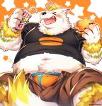  2023 anthro belly big_belly black_nose bottomwear burger canid canine canis clothing eyes_closed food fur hi_res hinami kemono male mammal navel overweight overweight_male shirt shorts solo tongue tongue_out topwear underwear white_body white_fur wolf 