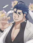  1boy 9ry_2515 bara character_request collared_shirt earrings fiery_hair goatee_stubble hair_between_eyes hair_strand halo_behind_head hand_up head_tilt highres jewelry large_pectorals long_sideburns looking_at_viewer magatama male_focus mature_male muscular muscular_male partially_unbuttoned paw_pose pectoral_cleavage pectorals shirt short_hair sideburns sideburns_stubble smile solo sparkle suit thick_eyebrows tokyo_afterschool_summoners upper_body white_suit 