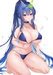  1girl :3 absurdly_long_hair absurdres areola_slip azur_lane bare_shoulders barefoot bikini bikini_pull blue_bikini blue_choker blue_eyes blue_hair breasts choker cleavage clothes_pull collarbone commentary_request covered_nipples deogho_(liujinzy9854) eyewear_on_head hair_between_eyes hair_intakes highres kneeling korean_commentary large_breasts long_hair looking_at_viewer navel new_jersey_(azur_lane) new_jersey_(midsummer_leisure)_(azur_lane) official_alternate_costume official_alternate_hairstyle ponytail sidelocks simple_background smile solo stomach sunglasses swimsuit very_long_hair wet white_background 
