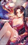  1girl artist_name black_hair boa_hancock breasts cleavage crossed_legs dress earrings girikashi43 highres jewelry legs looking_at_viewer one_piece pet red_dress salome_(one_piece) skull snake solo 