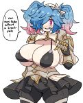 1girl armor black_bra black_skirt blue_hair blush bra breasts cleavage commentary commission cowboy_shot english_commentary english_text fire_emblem fire_emblem_fates gloves gradient_hair highres huge_breasts looking_at_viewer multicolored_hair notnoe_(dxcl) peri_(fire_emblem) pink_eyes pink_hair simple_background skindentation skirt solo speech_bubble sweat twintails underwear white_background 