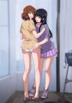  2girls :d ass_grab bag bare_legs black_hair blush brown_hair brown_shirt eye_contact full_body hibike!_euphonium highres indoors kousaka_reina long_hair looking_at_another miniskirt multiple_girls no_panties open_mouth oumae_kumiko panties plaid plaid_skirt pleated_skirt purple_eyes purple_footwear purple_shirt purple_skirt sandals sbel02 shirt short_hair short_sleeves skirt smile standing underwear white_panties yellow_eyes yuri 