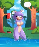  absurd_res anthro bathing big_breasts blush breasts eulipotyphlan fan_character female flashing forest forest_background fur genitals hair hand_on_breast hands_behind_head hedgehog hi_res huge_breasts looking_at_viewer looking_back mammal nature nature_background nipples nude open_mouth plant pose presenting public public_nudity purple_body pussy sega shyna_the_hedgehog smile solo sonic_the_hedgehog_(series) tail text thick_thighs tree water zettoart 