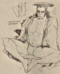  1boy abs bara black_hair blush eyeliner facial_hair food highres japanese_clothes kanji kimono kouzuki_oden leg_hair long_hair makeup male_focus male_underwear mature_male muscular muscular_male nipples oden one_piece ovasayuri samurai sideburns sitting sketch sweat teeth topless_male underwear 