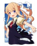  1girl :d air_(visual_novel) black_dress blonde_hair blue_eyes blue_sky blush brown_shirt cloud collared_shirt day dress english_text feathers hair_between_eyes hair_ribbon kamio_misuzu looking_at_viewer mawaru_(mawaru) necktie outstretched_arms ponytail puffy_short_sleeves puffy_sleeves red_necktie ribbon shirt short_necktie short_sleeves sky sleeveless sleeveless_dress smile solo white_feathers white_ribbon 