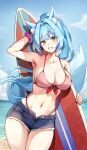  1girl animal_ear_fluff animal_ears arm_up bare_shoulders beach bikini blue_hair blue_shorts blue_sky blush breasts cleavage collarbone fox_ears fox_tail foxyreine green_eyes highres large_breasts long_hair looking_at_viewer navel open_mouth original pink_bikini shore shorts sister_reine_(foxyrain) sky smile solo surfboard swimsuit tail thighs 