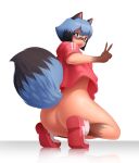  anthro aueshi big_butt black_hair blue_eyes blue_hair brand_new_animal butt canid canine clothed clothing female fluffy fluffy_tail footwear hair hi_res huge_butt jacket jacket_only mammal michiru_kagemori no_underwear procyonid purple_hair raccoon raccoon_dog rear_view shoes simple_background solo spread_legs spreading studio_trigger tail tanuki topwear 