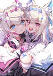  2girls :d animal_ear_fluff animal_ears bandaid_hair_ornament black_jacket blonde_hair blue_eyes blue_hairband breasts fur-trimmed_jacket fur_trim fuwawa_abyssgard hairband hololive hololive_english hong_(white_spider) jacket large_breasts looking_at_viewer mococo_abyssgard multicolored_hair multiple_girls open_mouth pink_eyes pink_hair pink_hairband siblings simple_background sisters smile teeth twins two-tone_hair upper_teeth_only virtual_youtuber white_background 