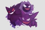  :d black_eyes commentary evolutionary_line fang fangs gastly gengar grin haunter lower no_humans open_mouth pokemon pokemon_(creature) skin_fang smile teeth white_background 