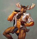  anthro antlers balls beverage biped brown_body brown_fur capreoline circumcised clothed clothing deer fur genitals hi_res holding_glass holding_object horn humanoid_genitalia humanoid_penis klongi male mammal moose open_clothing open_shirt open_topwear penis shirt simple_background solo topwear 