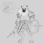  anthro armor axe big_breasts breasts clothed clothing digital_media_(artwork) doctordj duo female fur gnawing hi_res holding_object hyena interspecies larger_female male male/female mammal melee_weapon monochrome muscular open_mouth shield size_difference solo_focus spotted_hyena thick_thighs weapon 