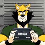  2023 anthro barbie_and_ken_mugshot_meme beard canid canine canis clothing digital_media_(artwork) eyebrows facial_hair father fur hi_res holding_object looking_at_viewer male mammal max_(starhaps) meme mugshot muscular muscular_anthro muscular_male notched_ear nthestarhaps0 parent shirt solo tan_body tan_fur text topwear unibrow wolf yellow_body yellow_fur 