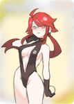  1girl black_gloves blush breasts closed_mouth cosplay glasses gloves groin holding long_hair looking_at_viewer lorelei_(pokemon) poke_ball pokemon pokemon:_the_electric_tale_of_pikachu pokemon_(game) pokemon_frlg ponytail red_hair simple_background smile solo standing sweatdrop swimsuit ukimukai 