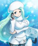  1girl aqua_nails arm_under_breasts bird blonde_hair blue_eyes breasts eiscue fur_collar fur_hat fur_trim hat highres large_breasts long_hair long_sleeves mature_female melony_(pokemon) multicolored_hair pantyhose_under_shorts penguin pokemon pokemon_(creature) pokemon_(game) pokemon_swsh roozin shorts snowflakes streaked_hair sweater ushanka white_shorts white_sweater 