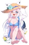  1girl ;d absurdres animal_ear_fluff animal_ears arm_up bare_shoulders barefoot bikini bikini_skirt blue_bikini blue_bow blue_eyes blue_flower blush bow braid breasts brown_headwear collarbone commentary_request ears_through_headwear flower fox_ears fox_girl fox_tail front-tie_bikini_top front-tie_top full_body hand_on_headwear hat hat_bow hat_flower highres hololive jacket knees_together_feet_apart knees_up long_hair long_sleeves looking_at_viewer masaki_(msk064) medium_breasts off_shoulder one_eye_closed open_clothes open_jacket shirakami_fubuki simple_background sleeves_past_wrists smile soles solo straw_hat swimsuit tail very_long_hair virtual_youtuber white_background white_hair white_jacket wide_sleeves 