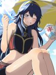  1girl ;p bare_shoulders beach_umbrella bikini blue_eyes blue_hair blue_sky cloud fire_emblem fire_emblem_awakening fire_emblem_cipher food highres holding holding_food holding_ice_cream holding_spoon ice_cream ice_cream_spoon long_hair looking_at_viewer lucina_(fire_emblem) official_alternate_costume one_eye_closed sky spoon swimsuit taka_p_(zelda27th) tiara tongue tongue_out umbrella 